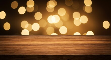 Wooden Table Festive Lights Background - Warm, inviting, celebratory scene. Wooden surface, bokeh lights, holiday, product display, cozy