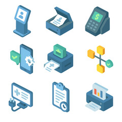Workflow Automation Icons. Isometric Flat icon set of administrative workflow automation: patient intake kiosk, document scanner,