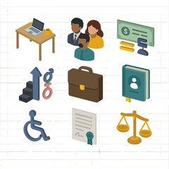 Workplace Equality Icons. Isometric Flat icon set of Workplace equality policies: office desk, diverse employee avatars, equal pay