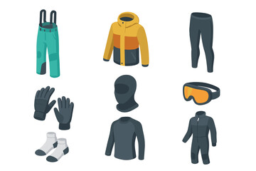 Winter Sports Gear Icons. Isometric Flat icon set of winter sports apparel: ski pants, snowboard jacket, thermal leggings,