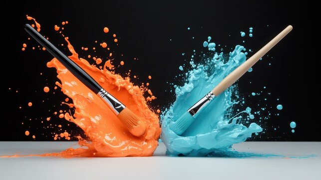 This dynamic image features two paintbrushes bursting with vibrant orange and blue paint splashes against a dark backdrop, symbolizing creativity and artistic expression.