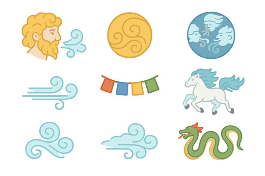 Isometric Wind Symbols. Isometric Flat icon set of wind folklore and symbols: Zephyr wind god, Eurus symbol, Anemoi icons, breeze