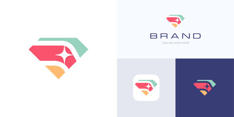 Modern diamond shine colorful logo icon design vector illustration element, Emblem symbol isometric shape with one spark bright sign in negative space for brand identity and business company