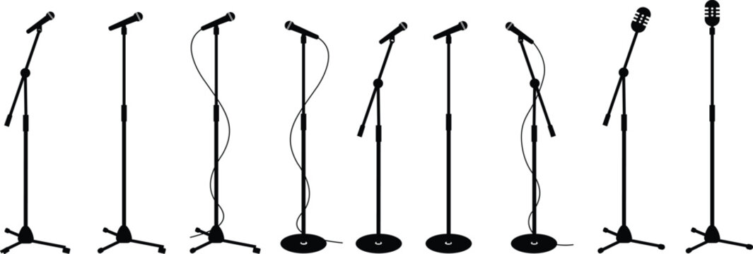 Microphones on counters and microphones and stands separately for design icon set. Vector silhouette clip arts. Retro and modern music sign, mic tool. Close-up microphone stand in small collection.