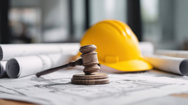 Symbolic image of construction law, showing judge's mallet, blueprint documents, and safety helmet on clean workspace, concept of legal oversight in building industry
