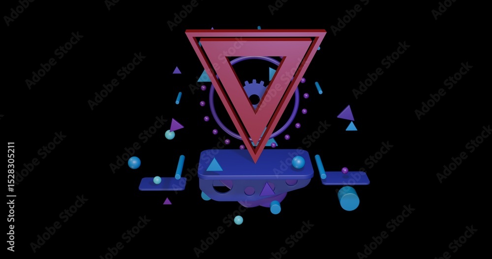 Poster red give way sign on a pedestal of abstract geometric shapes floating in the air. abstract concept a