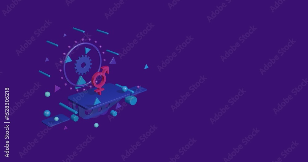 Poster pink bigender symbol on a pedestal of abstract geometric shapes floating in the air. abstract concep