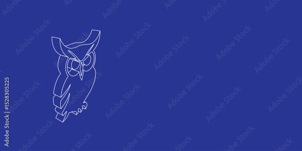 Poster the outline of a large owl symbol made of white lines on the left. 3d view of the object in perspect