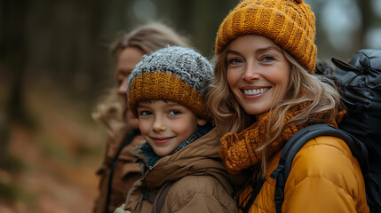 Happy Family Hiking in Autumn Forest