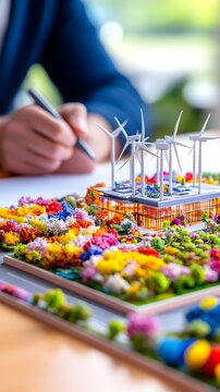 A close-up reveals a detailed architectural model of a vibrant, eco-friendly community featuring colorful landscaping and wind turbines, being reviewed by a person sketching on a plan