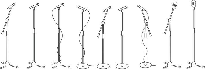 Microphones on counters and microphones and stands separately for design icon set. Vector silhouette clip arts. Retro and modern music sign, mic tool. Close-up microphone stand in small collection.