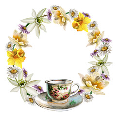 Round watercolor floral wreath with spring flowers – daffodils, chamomile, porcelain teacup, and saucer