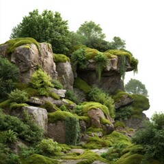 Mossy rock formation with plants on white background