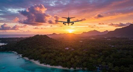 Airplane Landing Tropical Sunset - Airplane approaching tropical island at sunset, stunning landscape, ocean, beach, palm trees