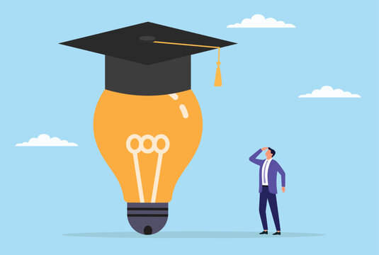 Vector illustration of a businessman looking thoughtfully at a graduation hat atop a glowing light bulb, symbolizing the fusion of education, innovation, and professional growth
