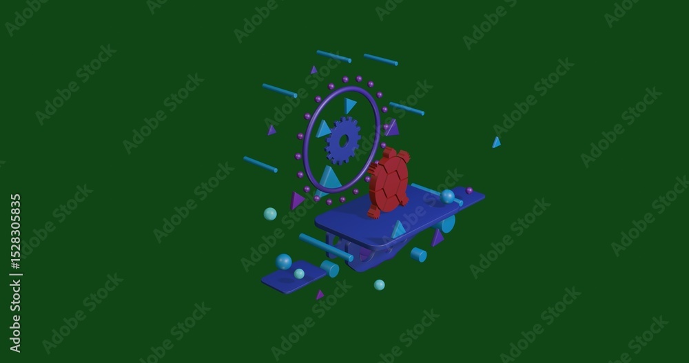 Poster red turtle symbol on a pedestal of abstract geometric shapes floating in the air. abstract concept a