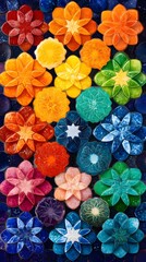 A vibrant mosaic of colorful, stylized ceramic flower shapes arranged in a rainbow gradient on a dark blue background, creating a visually striking and symmetrical pattern