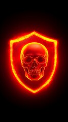 A fiery orange shield of light encircles a red, translucent skull, set against a stark black background. The image evokes a feeling of both danger and protection