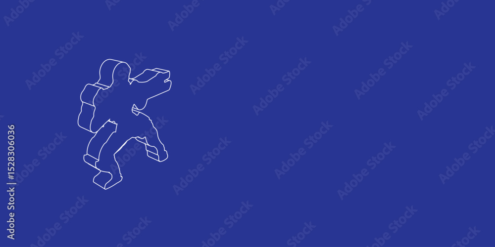 Poster the outline of a large combat robot made of white lines on the left. 3d view of the object in perspe