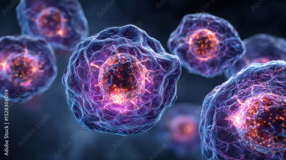 Poster cells are depicted in bright colors, illustrating intricate biological processes. this close-up capt