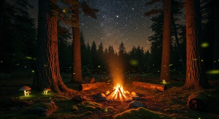 Campfire Under Starry Night - A cozy campfire scene in a forest at night, surrounded by fireflies and tall trees under a starry sky