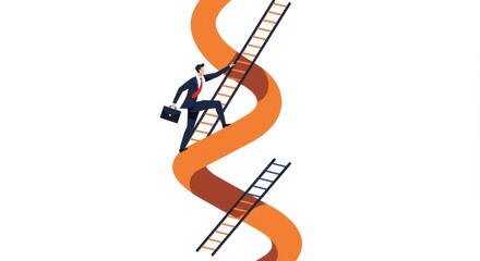Businessman Climbing Twisted Ladder to Success - A businessman ascends a winding ladder, symbolizing unconventional paths, challenges, ambition, progress, and reaching goals