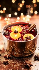 A steaming pot of mulled wine, garnished with orange slices, cinnamon sticks, and star anise, sits on a dark brown surface with scattered spices.  A warm, blurry bokeh background suggests a festive