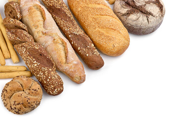 Crafting Bread. Fresh crispy craft hand-made food, fresh baked bread, bagels, buns. Baked goods in a row of loaf. Isolated on white background.