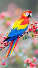 A vibrant scarlet macaw, perched on a flowering branch, displays its brilliantly colored plumage against a soft-focus background of pink blossoms.  Its long tail feathers stream downwards