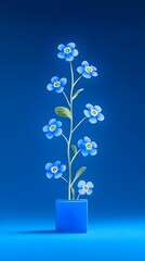 A stylized illustration of a forget-me-not plant with multiple blossoms arranged vertically on a single stem, contained within a vibrant blue cube-shaped pot against a matching blue backdrop. 