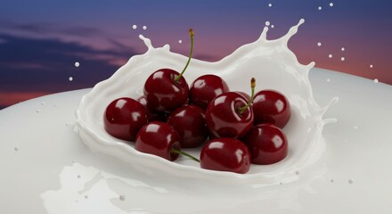 Cherries in Creamy Splash at Sunset - Juicy cherries submerged in a creamy milk splash against a vibrant sunset backdrop. Symbolizing freshness, purity, delight, indulgence, and summer