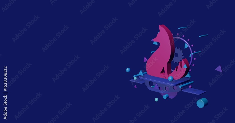 Poster pink fox symbol on a pedestal of abstract geometric shapes floating in the air. abstract concept art