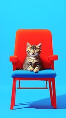 A tabby kitten sits serenely in a miniature red and blue chair against a vibrant blue backdrop, its eyes gently closed