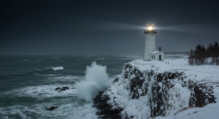 Coastal Lighthouse in Winter Storm - A solitary lighthouse bravely stands against a raging winter storm, symbolizing hope, resilience, guidance, protection, and perseverance