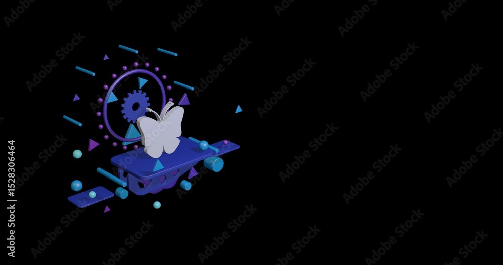 Poster white butterfly symbol on a pedestal of abstract geometric shapes floating in the air. abstract conc