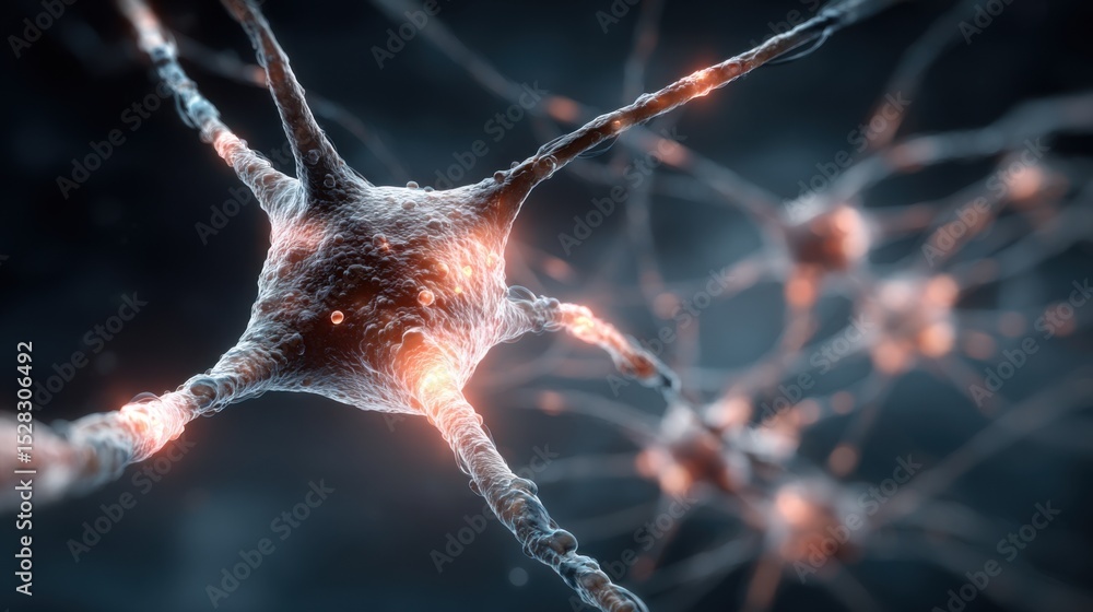 Poster the image showcases a detailed close-up of a neuron with multiple extensions creating connections. g