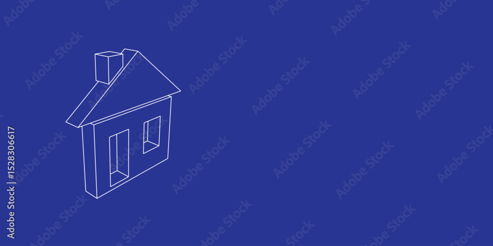 Poster the outline of a large house symbol made of white lines on the left. 3d view of the object in perspe
