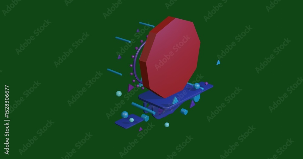 Aufkleber red nonagon symbol on a pedestal of abstract geometric shapes floating in the air. abstract concept 
