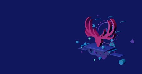 Pink deer horns symbol on a pedestal of abstract geometric shapes floating in the air. Abstract concept art with flying shapes on the right. 3d illustration on indigo background
