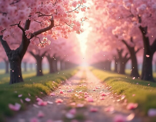 Viale di ciliegi in fiore con sentiero tra i petali – Atmosfera primaverile poetica