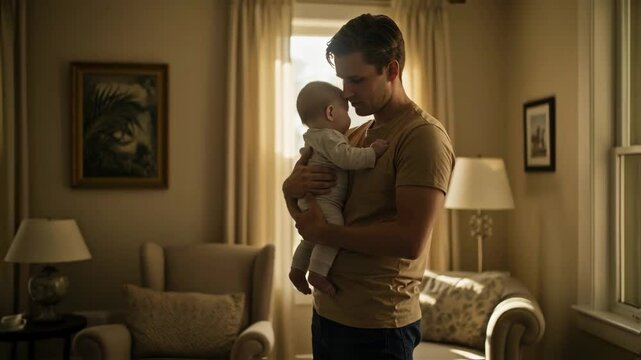 Young father tenderly holds his newborn baby in a softly lit, comfortable living room, gazing with affection, embodying the precious moments of early fatherhood and family bonding