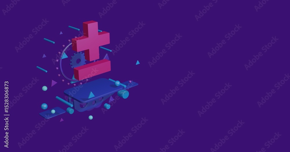 Poster pink plus–minus sign on a pedestal of abstract geometric shapes floating in the air. abstract concep