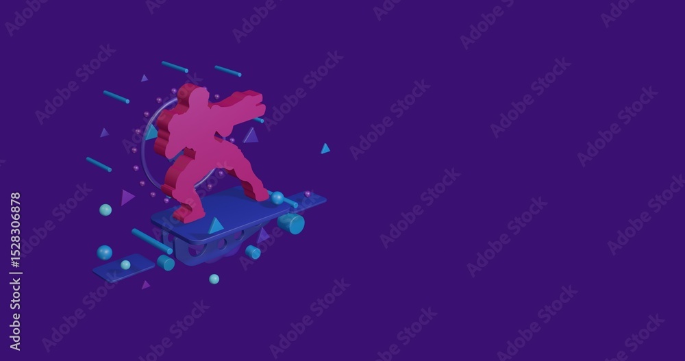Poster pink combat robot on a pedestal of abstract geometric shapes floating in the air. abstract concept a
