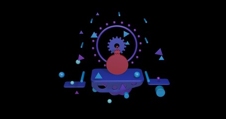 Red Christmas tree toy on a pedestal of abstract geometric shapes floating in the air. Abstract concept art with flying shapes in the center. 3d illustration on black background