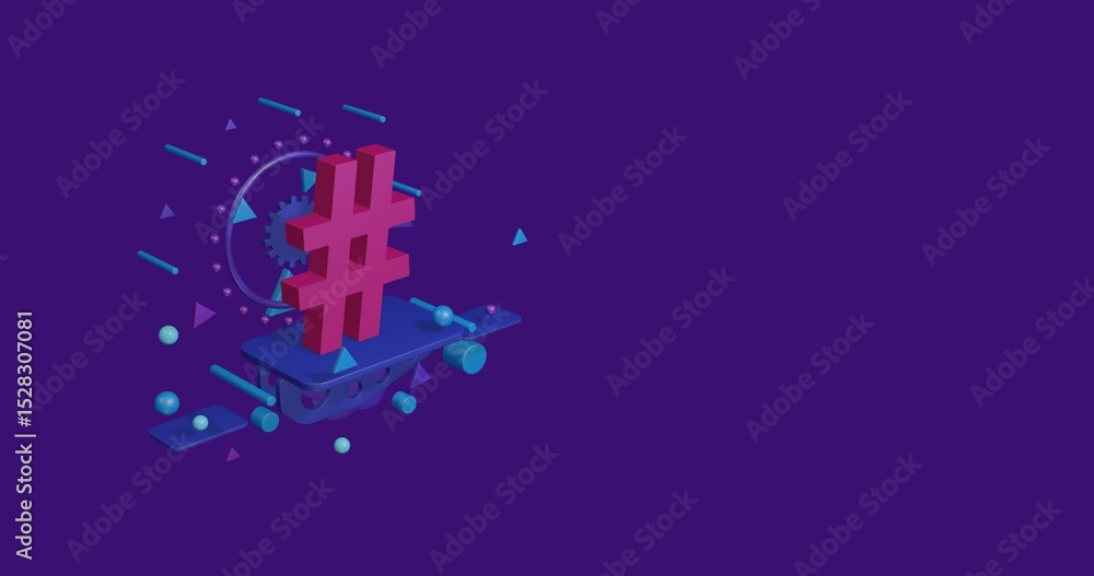 Aufkleber pink hash symbol on a pedestal of abstract geometric shapes floating in the air. abstract concept ar