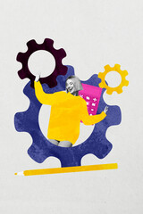 Trendy art image pop vertical collage of happy businesswoman businessman receive promotion success...
