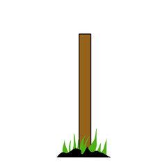 Isolated vertical wooden post surrounded by green grass blades against black backdrop