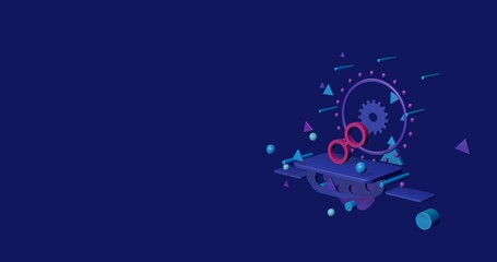 Pink astrological opposition symbol on a pedestal of abstract geometric shapes floating in the air. Abstract concept art with flying shapes on the right. 3d illustration on indigo background
