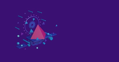Pink pyramid on a pedestal of abstract geometric shapes floating in the air. Abstract concept art with flying shapes on the left. 3d illustration on deep purple background