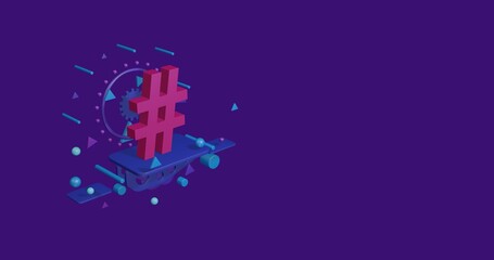 Pink hash symbol on a pedestal of abstract geometric shapes floating in the air. Abstract concept art with flying shapes on the left. 3d illustration on deep purple background